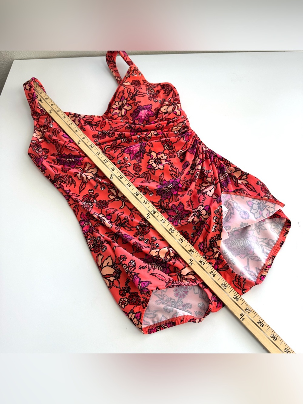 Lands End Women’s Sz 8 One Piece Swimsuit Wrap Ruched Dress Coral Paisley Floral - Picture 9 of 10